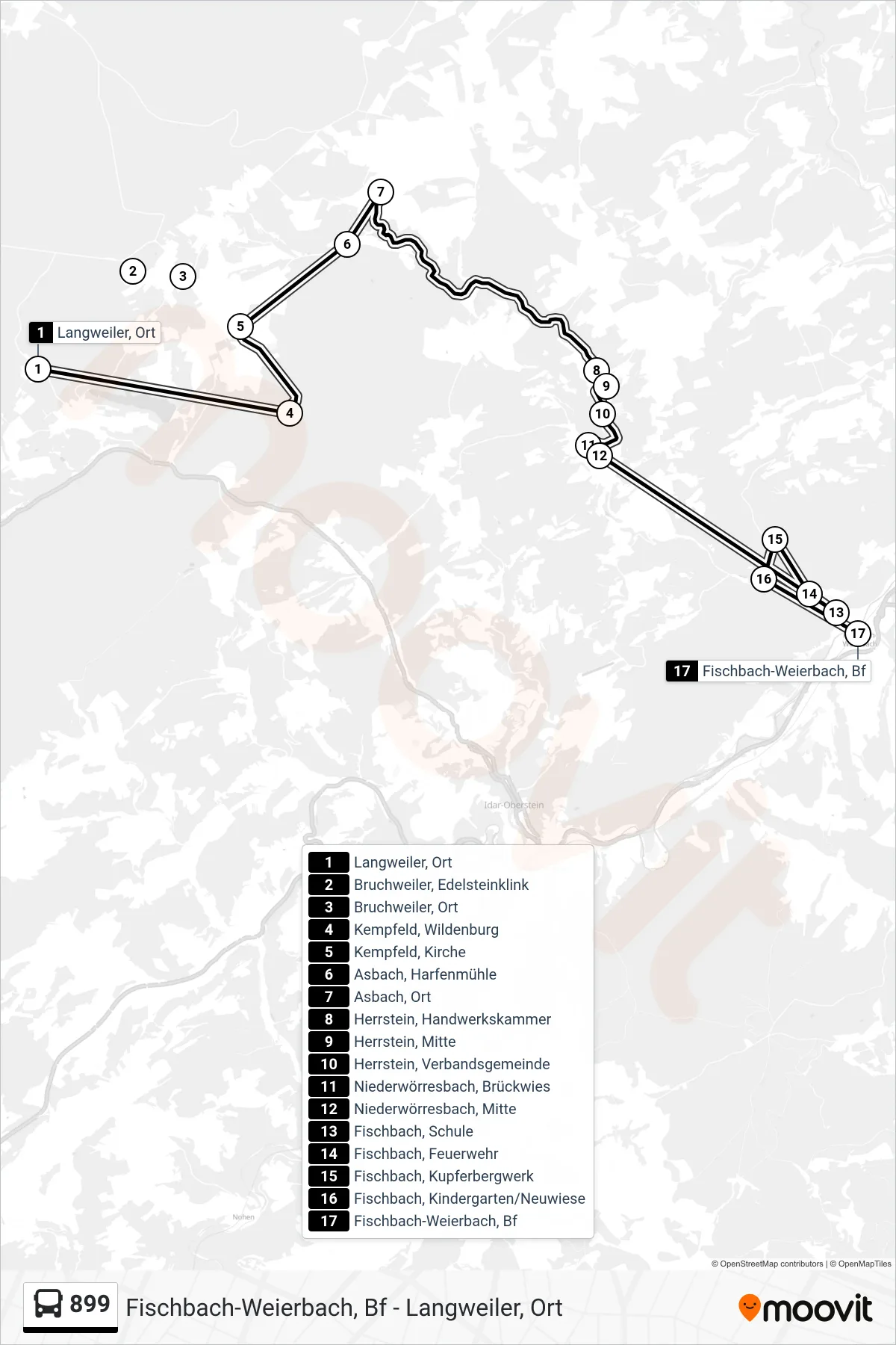 Linie 899 (Bus) Richtung Fischbach-Weierbach, Bf: Route und Haltestellen auf der Karte