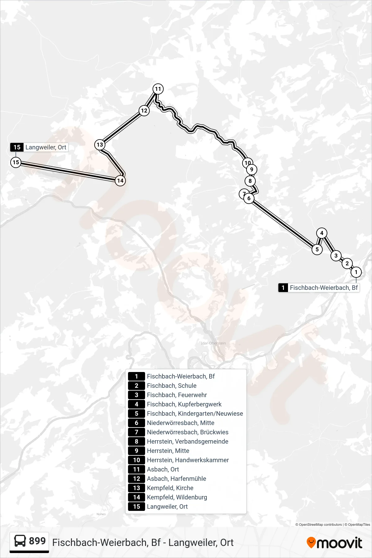 899 bus Line (Langweiler, Ort) route and stops on a map