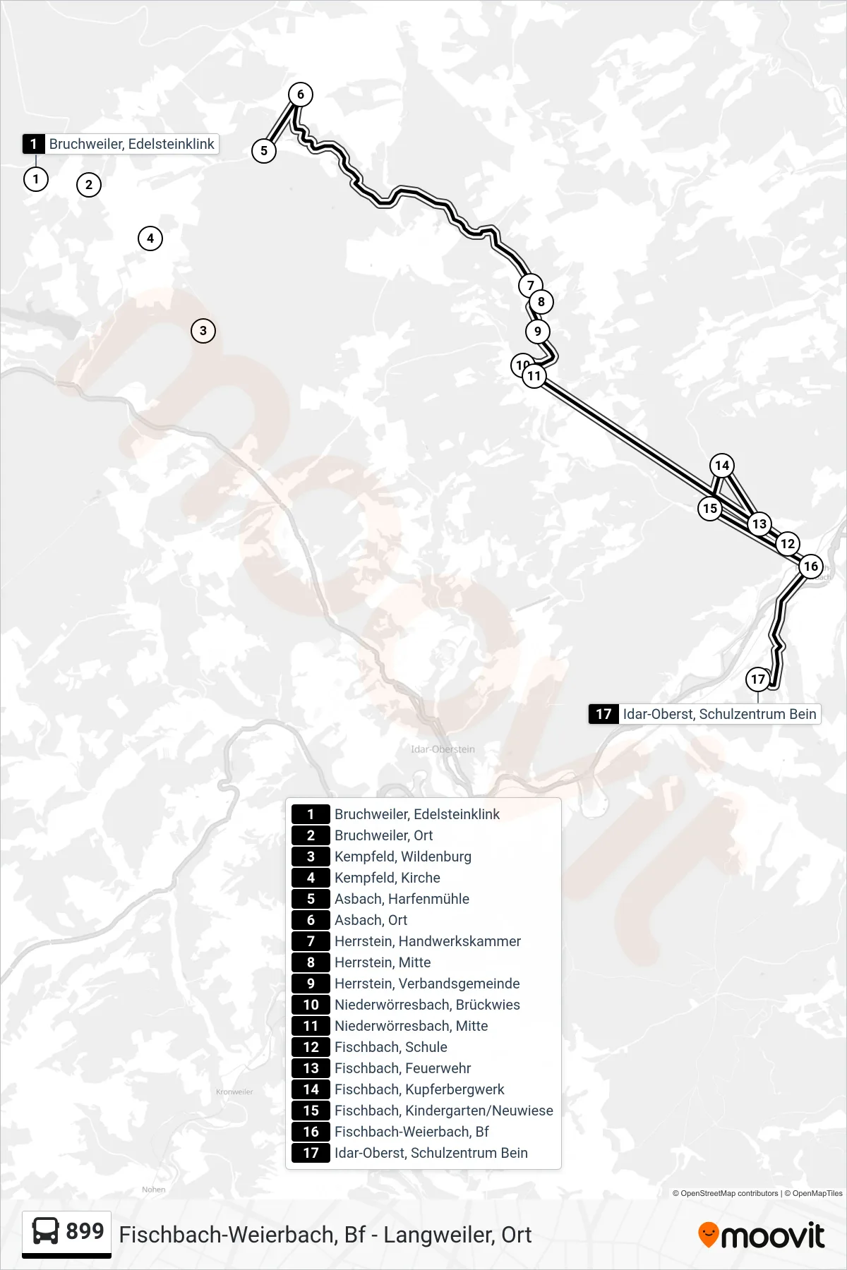 899 bus Line (Idar-Oberst, Schulzentrum Bein) route and stops on a map