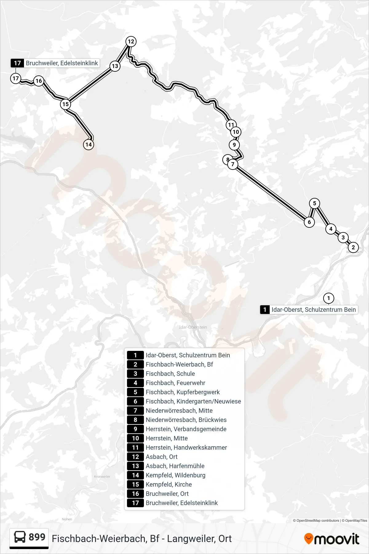 899 bus Line (Bruchweiler, Edelsteinklink) route and stops on a map