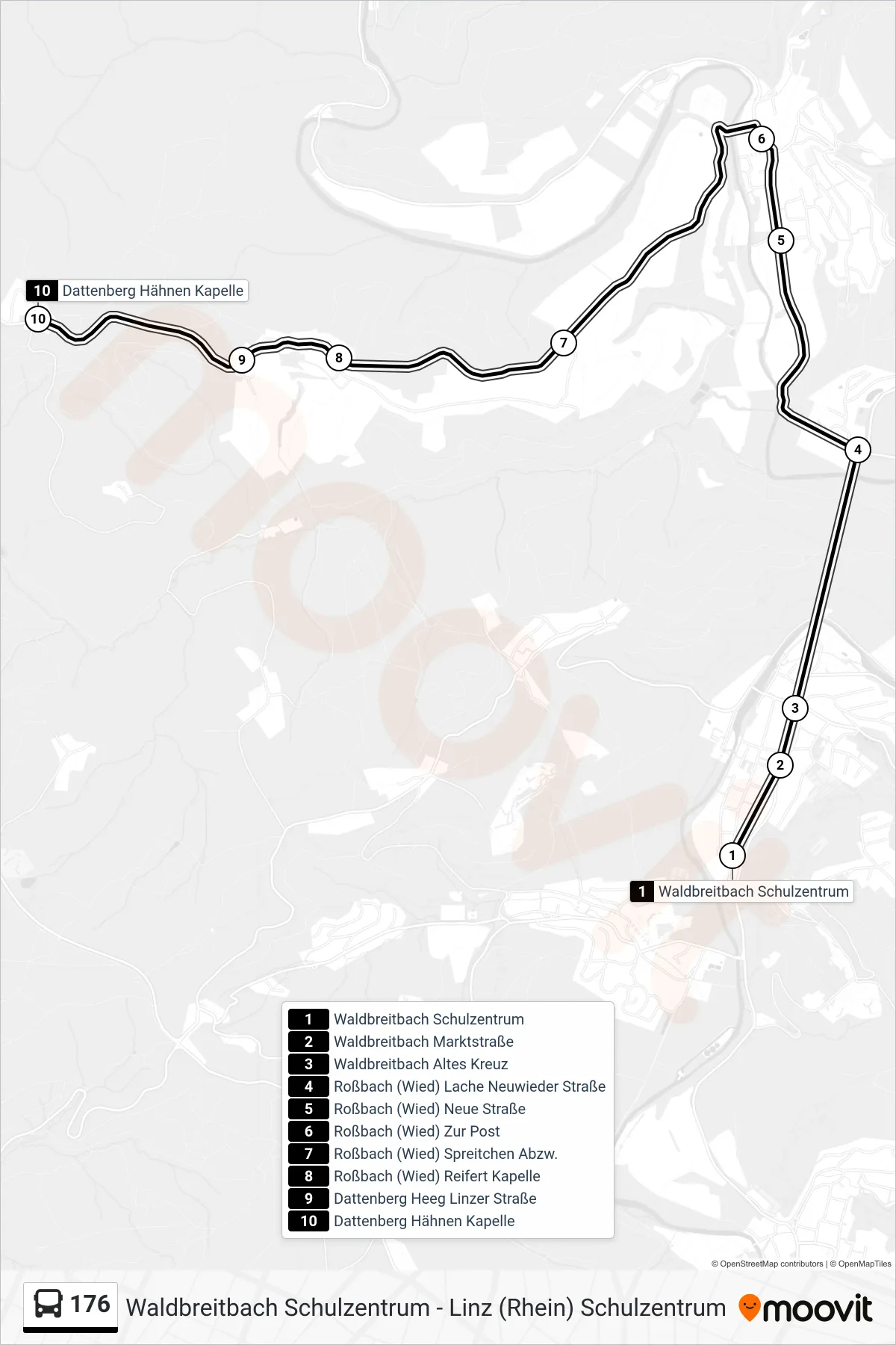 176 bus Line (Dattenberg Hähnen Kapelle) route and stops on a map