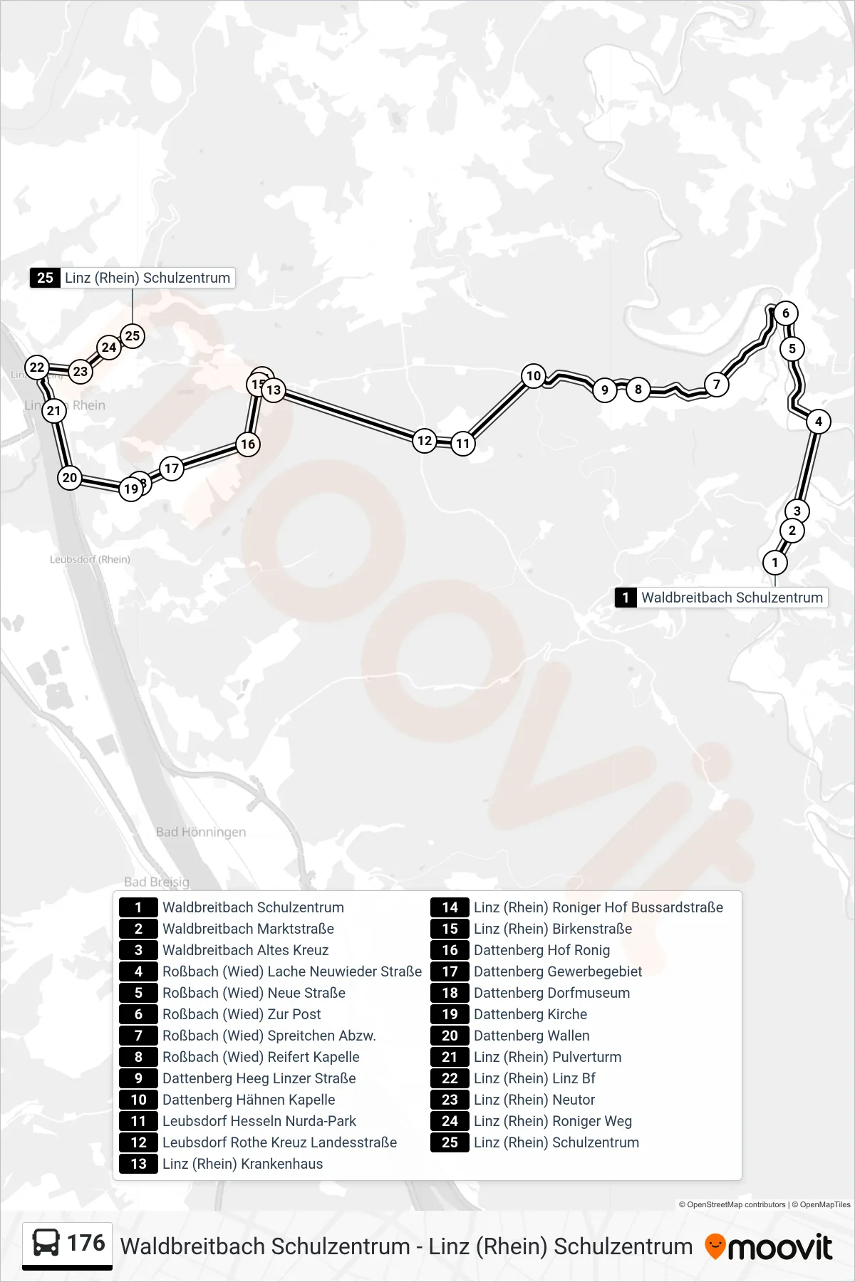 176 bus Line (Linz (Rhein) Schulzentrum) route and stops on a map
