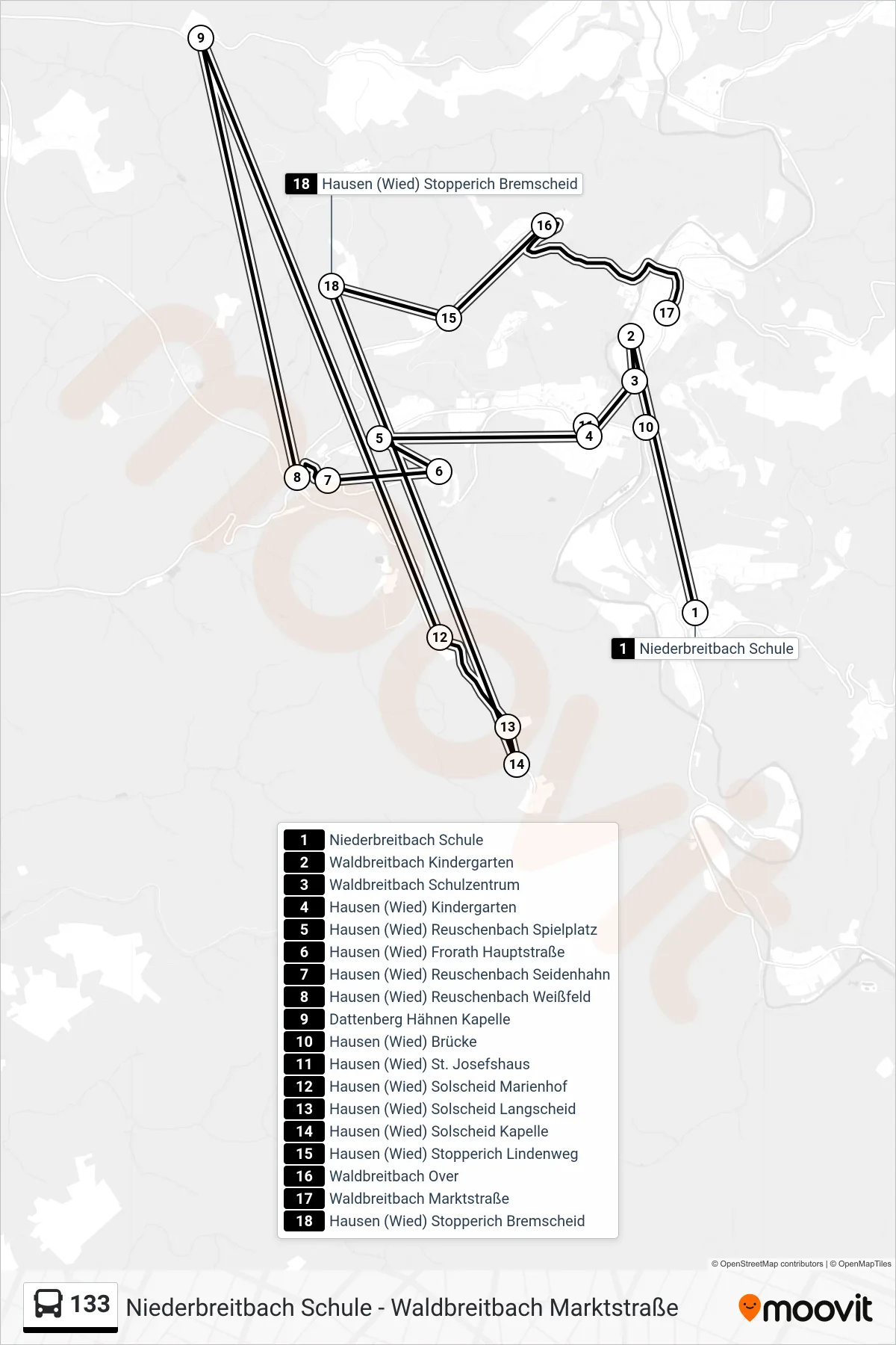 133 bus Line (Waldbreitbach Marktstraße) route and stops on a map
