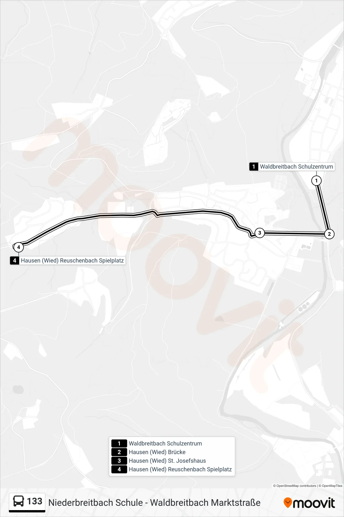 133 bus Line (Hausen (Wied) Reuschenbach Spielplatz) route and stops on a map