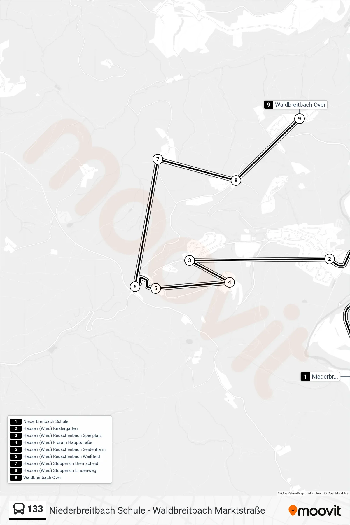 133 bus Line (Waldbreitbach Over) route and stops on a map