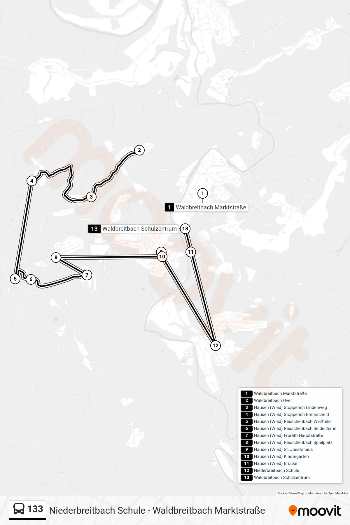 133 bus Line (Waldbreitbach Schulzentrum) route and stops on a map