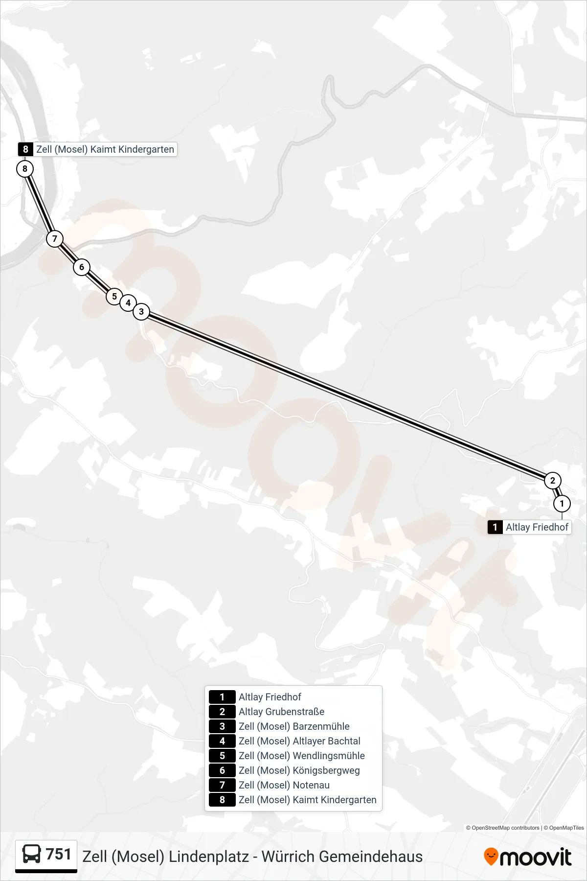 751 bus Line (Zell (Mosel) Kaimt Kindergarten) route and stops on a map