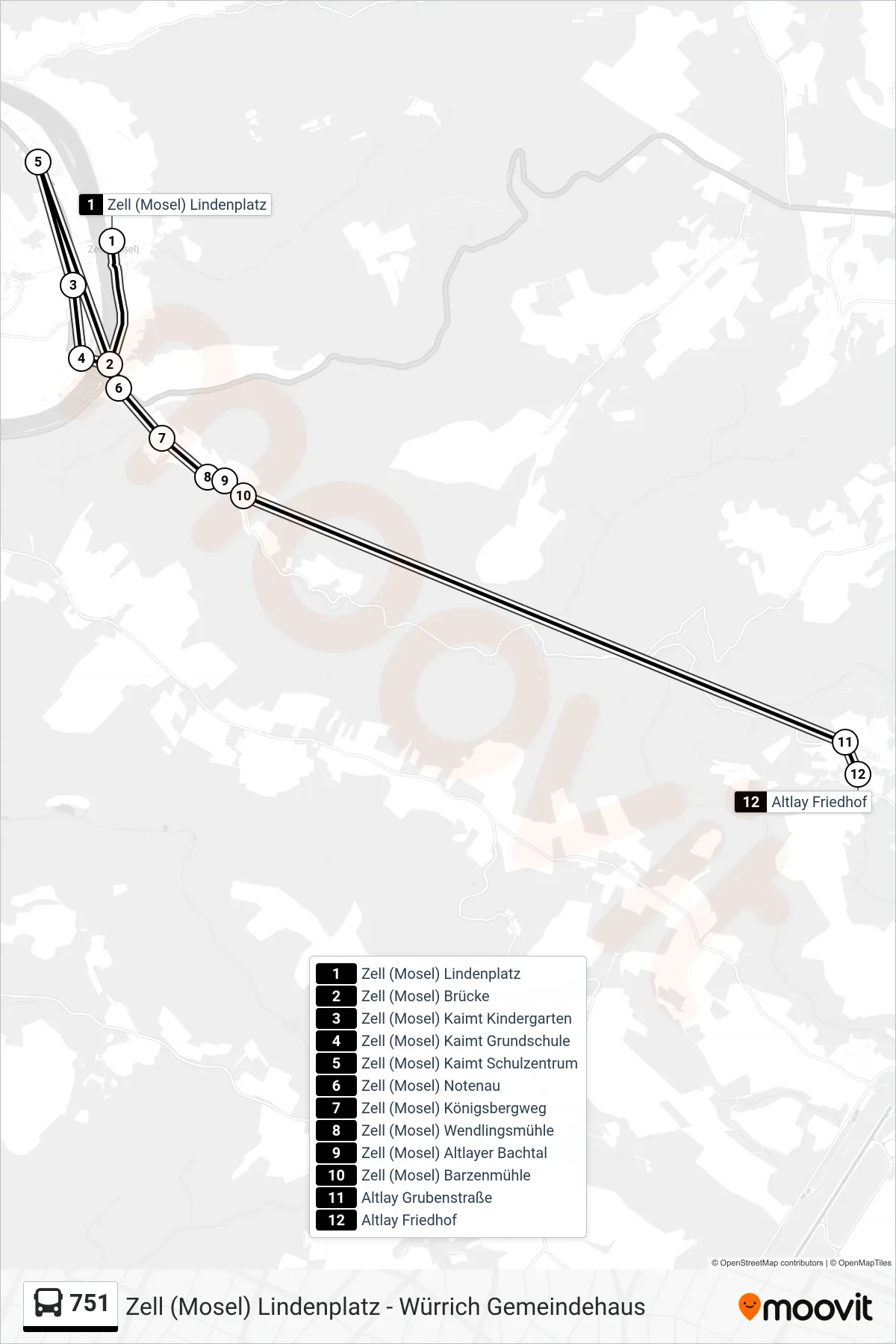 Linie 751 (Bus) Richtung Altlay Friedhof: Route und Haltestellen auf der Karte