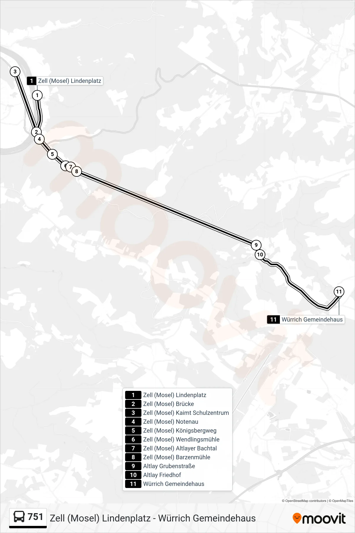 Linie 751 (Bus) Richtung Würrich Gemeindehaus: Route und Haltestellen auf der Karte
