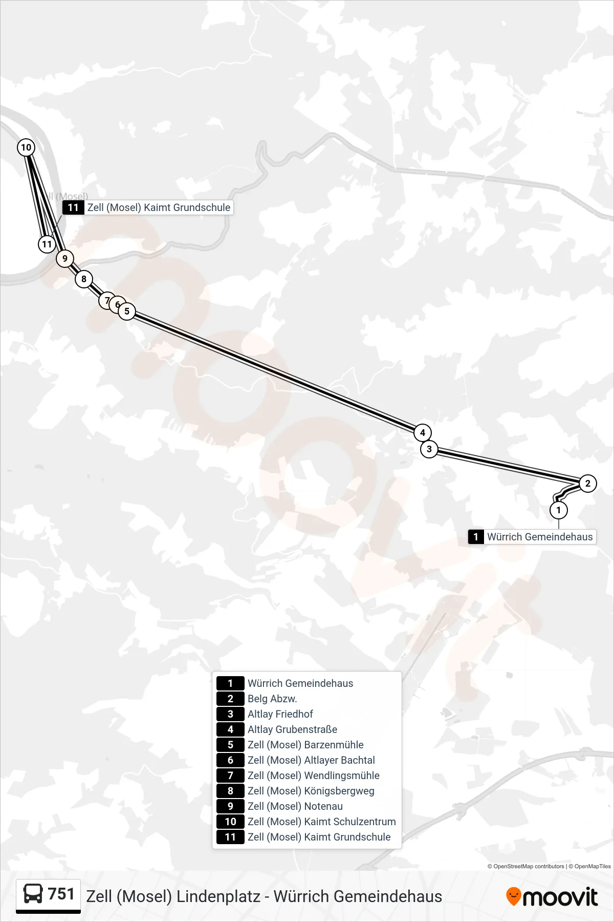 Linie 751 (Bus) Richtung Zell (Mosel) Kaimt Grundschule: Route und Haltestellen auf der Karte