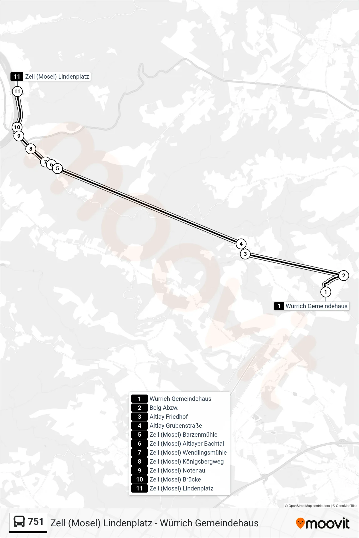 751 bus Line (Zell (Mosel) Lindenplatz) route and stops on a map