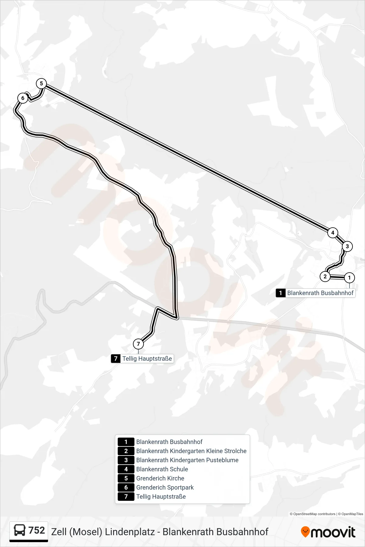 752 bus Line (Tellig Hauptstraße) route and stops on a map