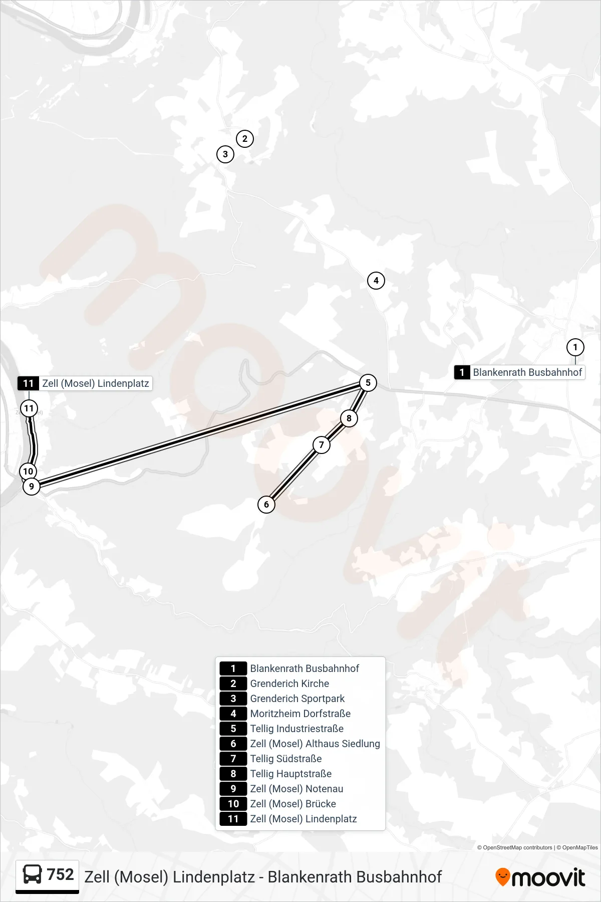 752 bus Line (Zell (Mosel) Lindenplatz) route and stops on a map