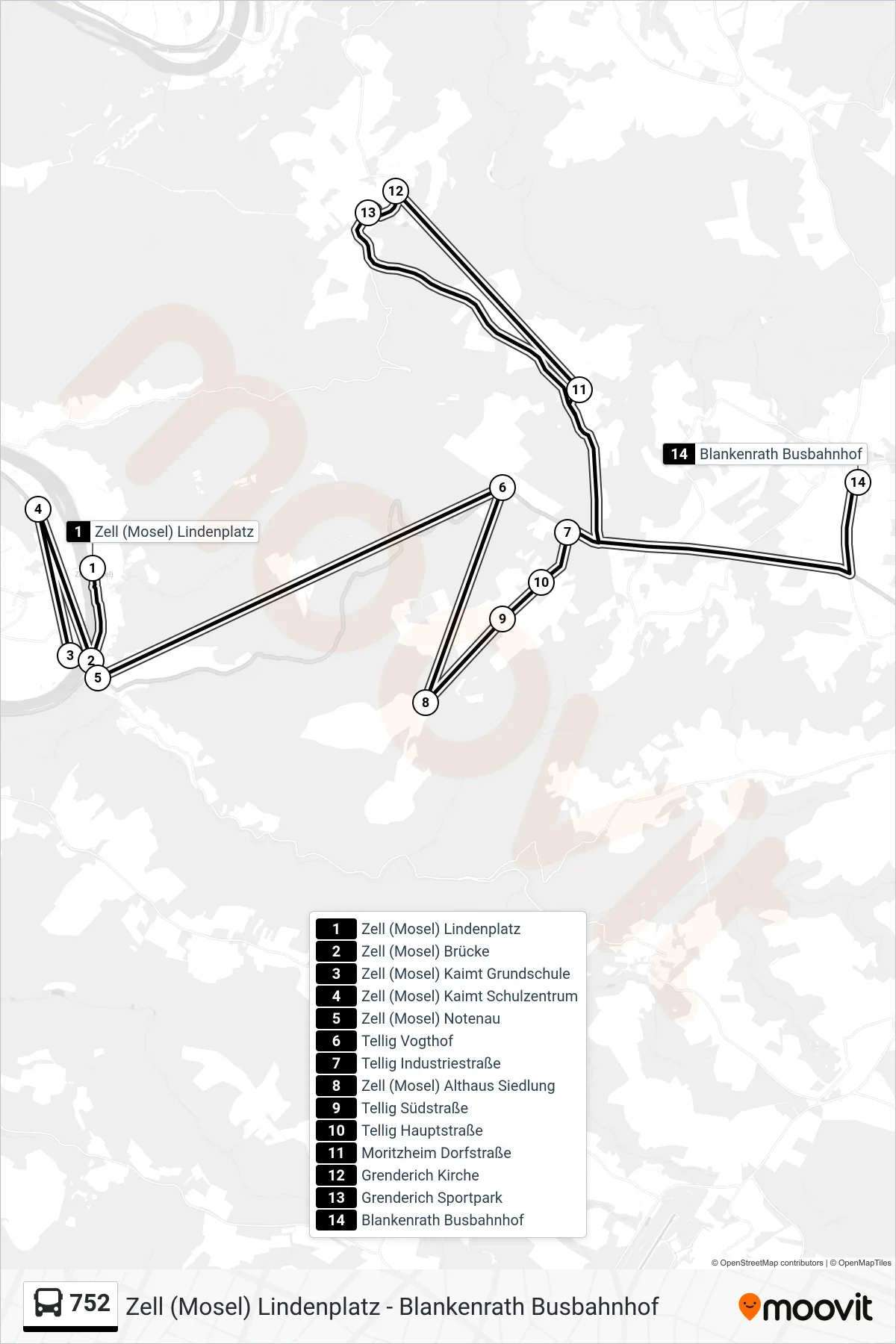 752 bus Line (Blankenrath Busbahnhof) route and stops on a map