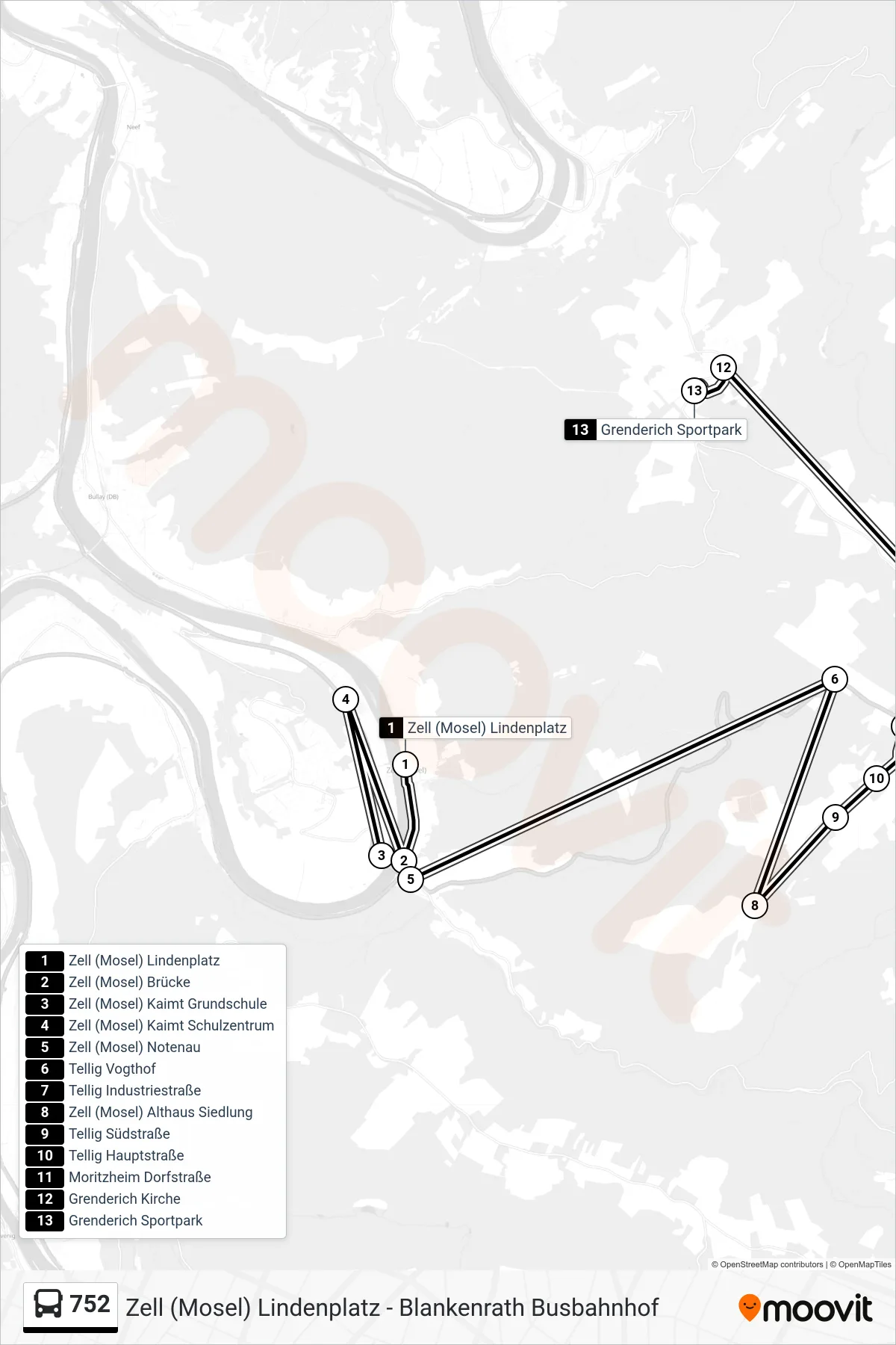 752 bus Line (Grenderich Sportpark) route and stops on a map