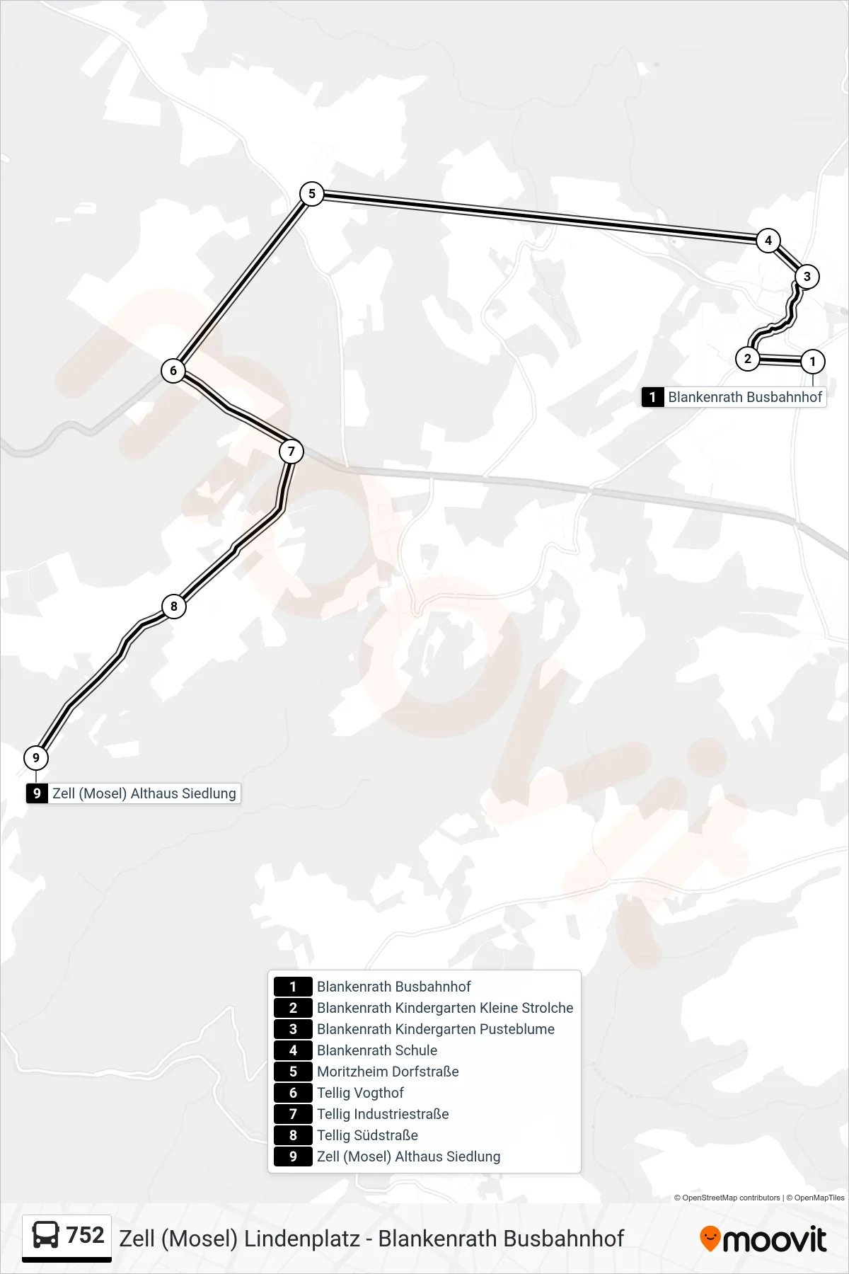 752 bus Line (Zell (Mosel) Althaus Siedlung) route and stops on a map