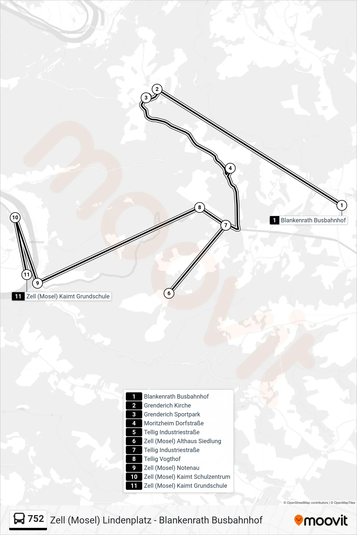 752 bus Line (Zell (Mosel) Kaimt Grundschule) route and stops on a map