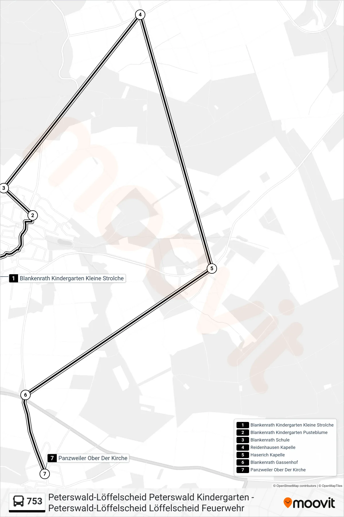 753 bus Line (Panzweiler Ober Der Kirche) route and stops on a map