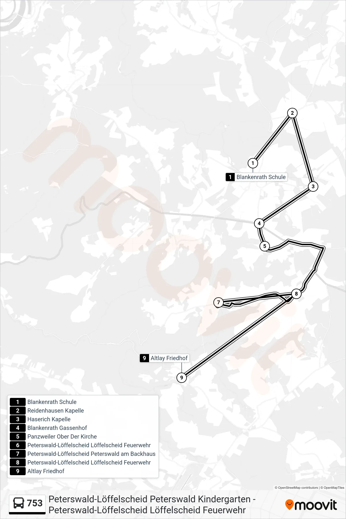 753 bus Line (Altlay Friedhof) route and stops on a map