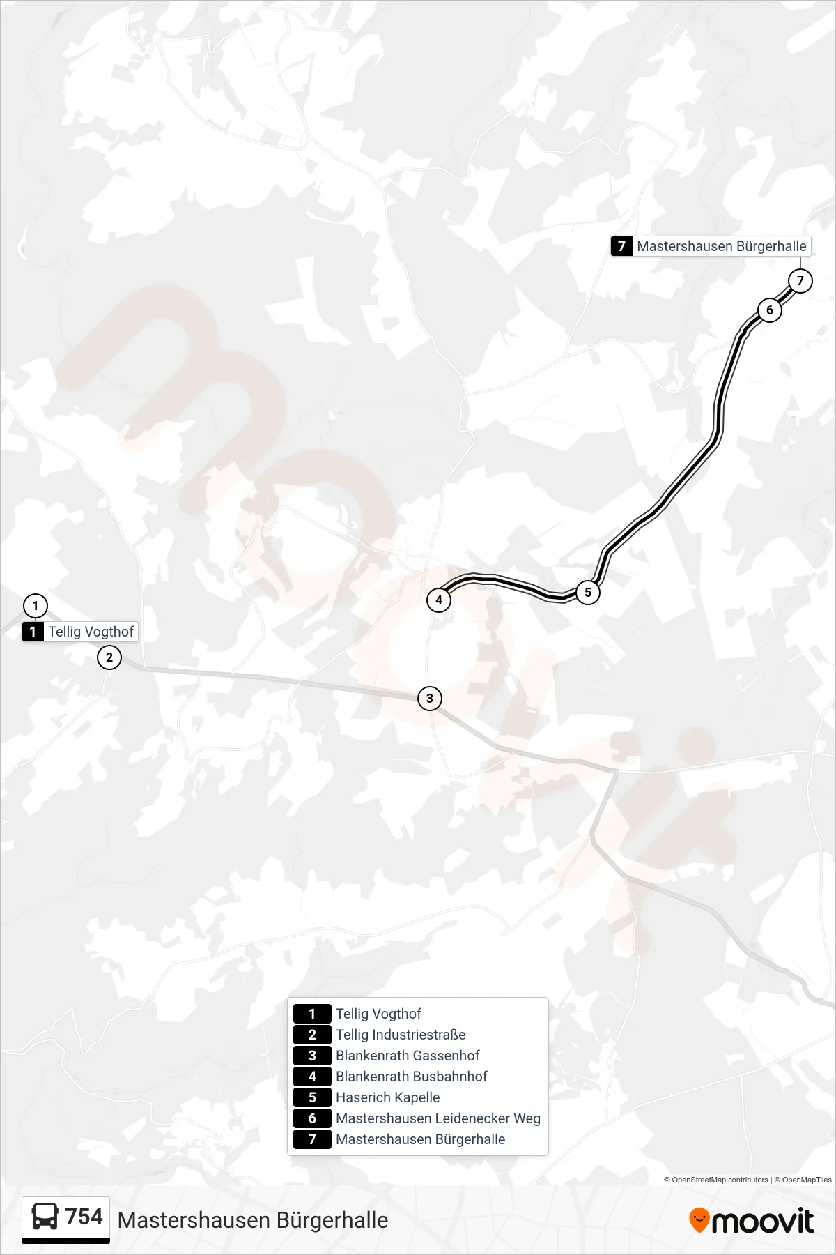 754 bus Line (Mastershausen Bürgerhalle) route and stops on a map