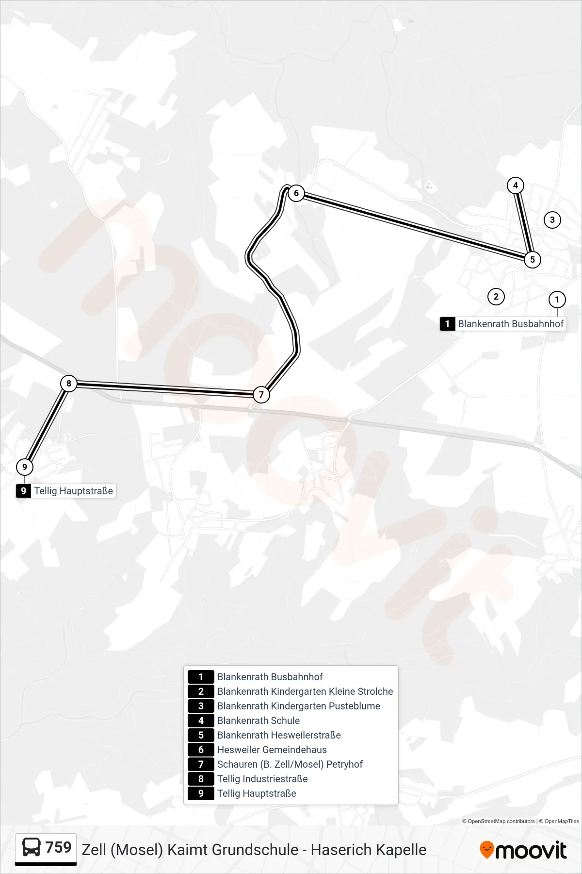 759 bus Line (Tellig Hauptstraße) route and stops on a map