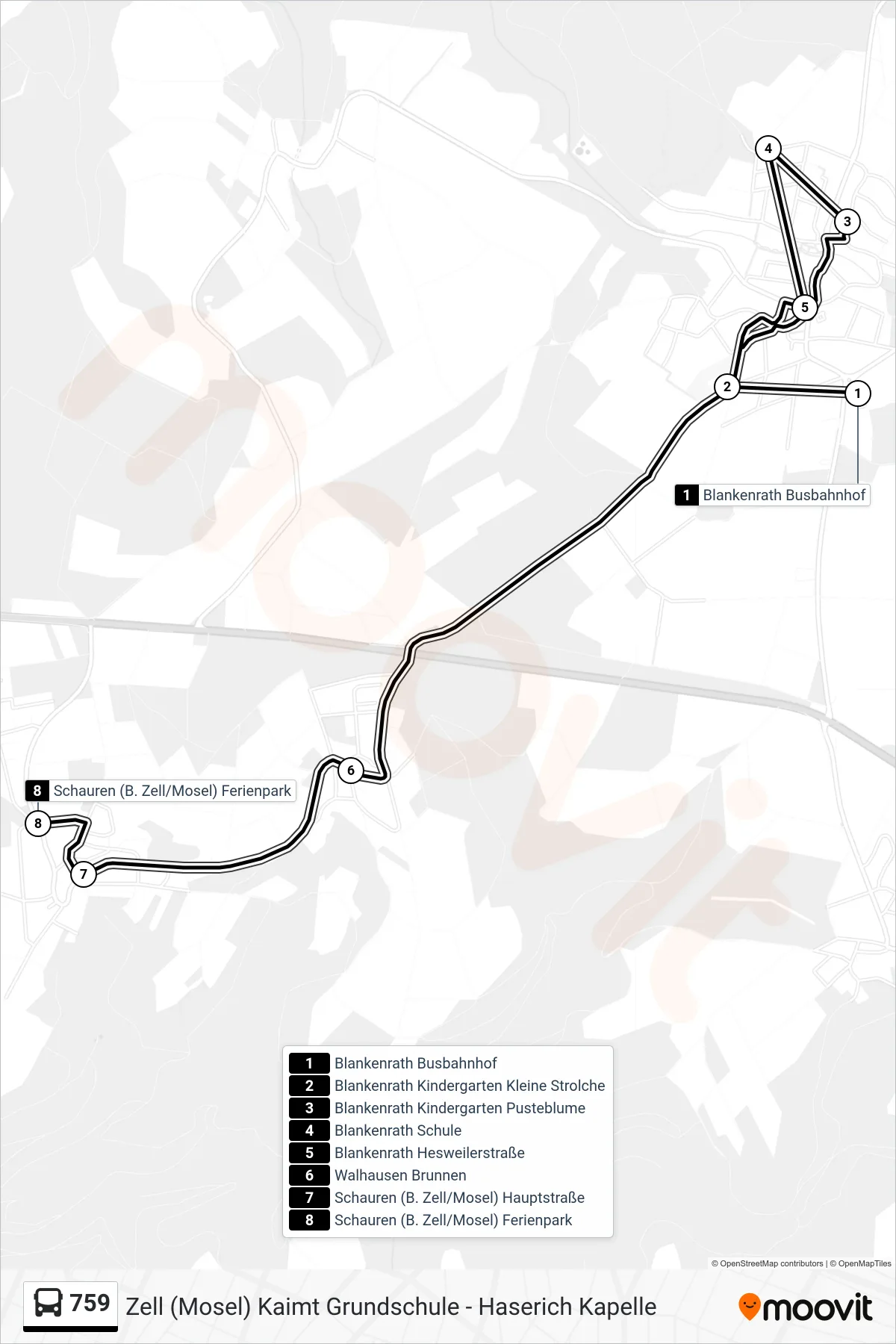 759 bus Line (Schauren (B. Zell/Mosel) Ferienpark) route and stops on a map