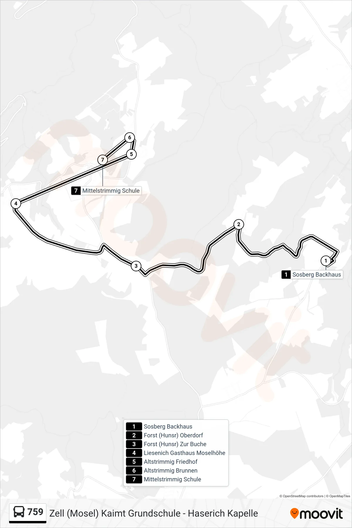 759 bus Line (Mittelstrimmig Schule) route and stops on a map