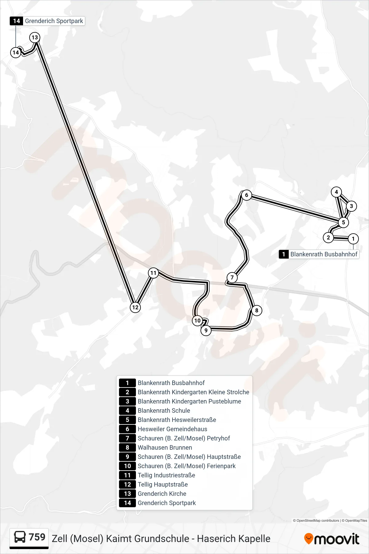759 bus Line (Grenderich Sportpark) route and stops on a map