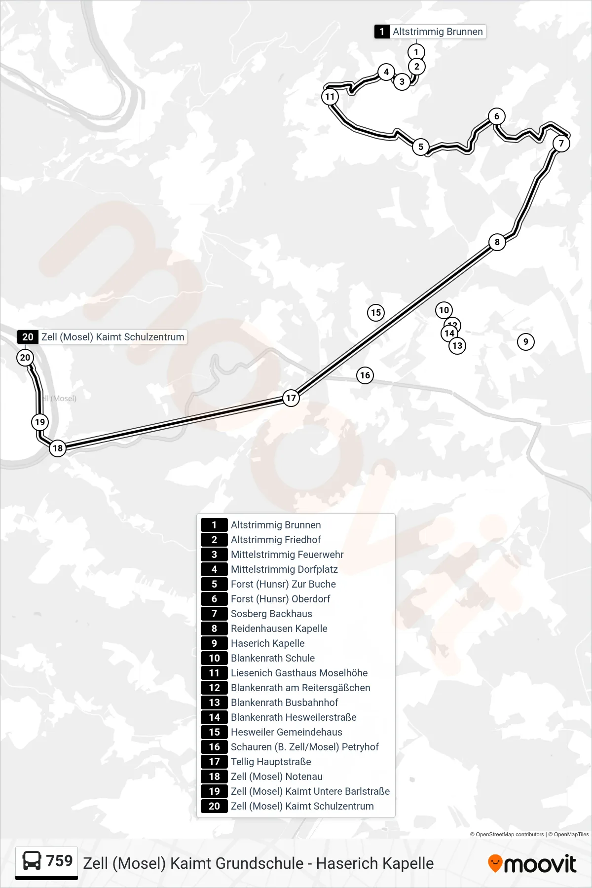 759 bus Line (Zell (Mosel) Kaimt Schulzentrum) route and stops on a map