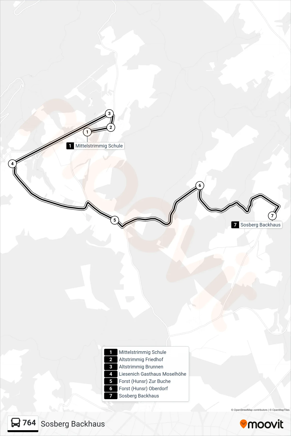 764 bus Line (Sosberg Backhaus) route and stops on a map