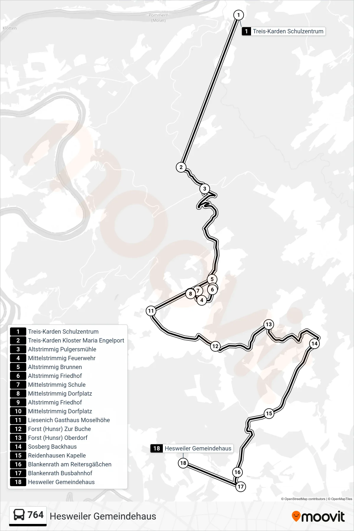 764 bus Line (Hesweiler Gemeindehaus) route and stops on a map
