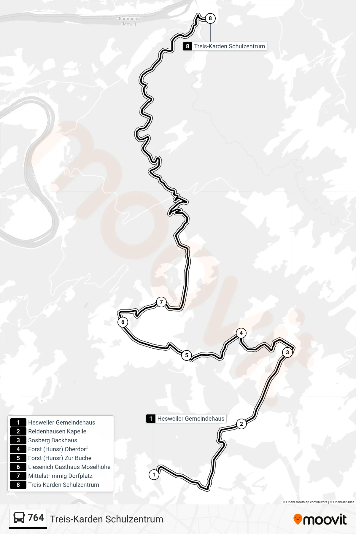 Linie 764 (Bus) Richtung Treis-Karden Schulzentrum: Route und Haltestellen auf der Karte