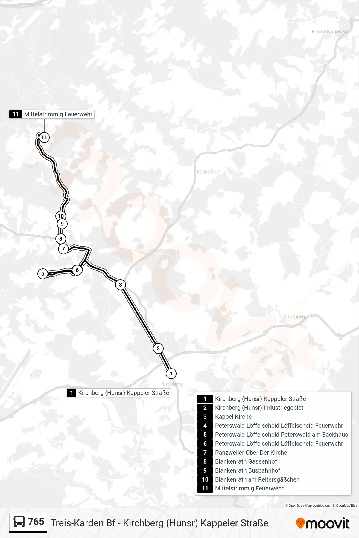 765 bus Line (Mittelstrimmig Feuerwehr) route and stops on a map