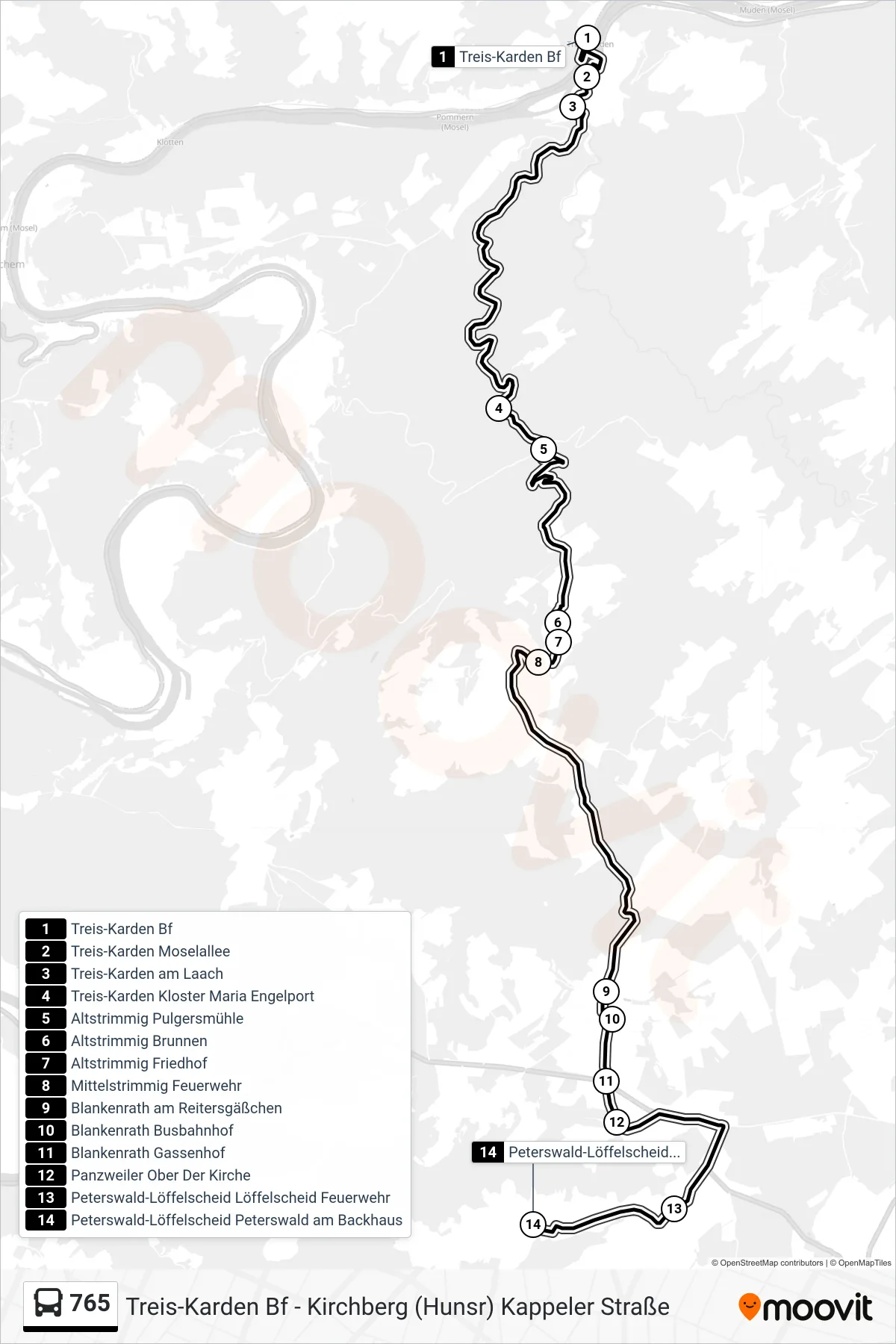 765 bus Line (Peterswald-Löffelscheid Peterswald am Backhaus) route and stops on a map