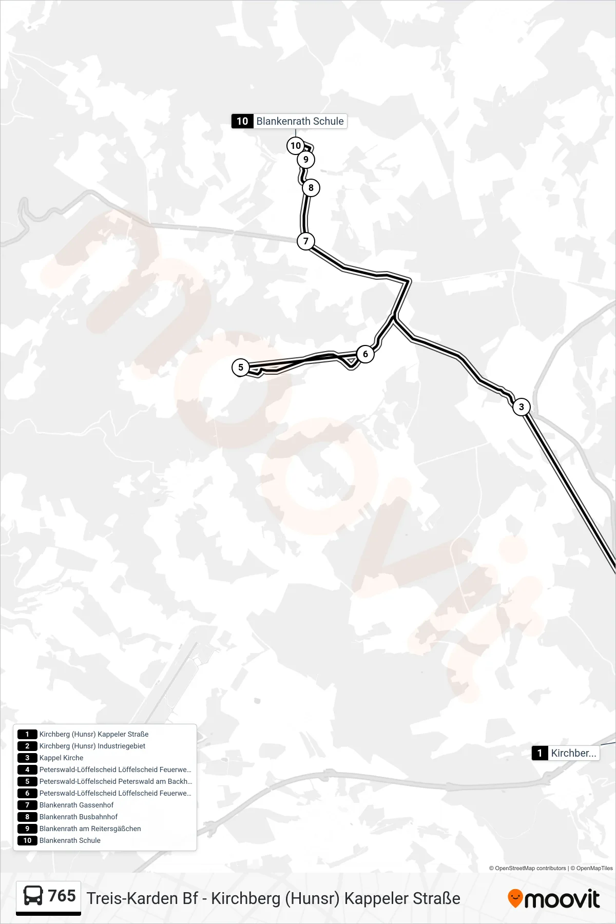 765 bus Line (Blankenrath Schule) route and stops on a map