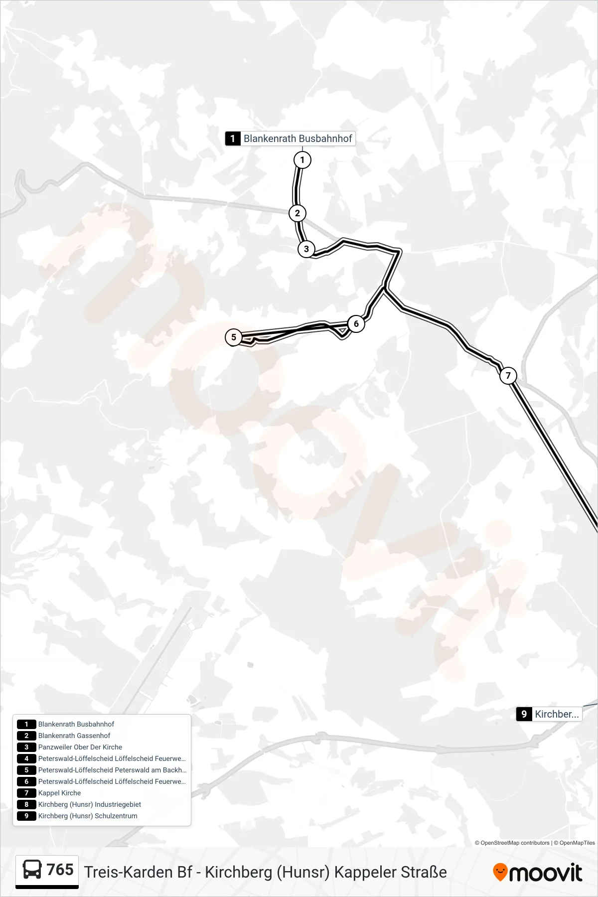 765 bus Line (Kirchberg (Hunsr) Schulzentrum) route and stops on a map