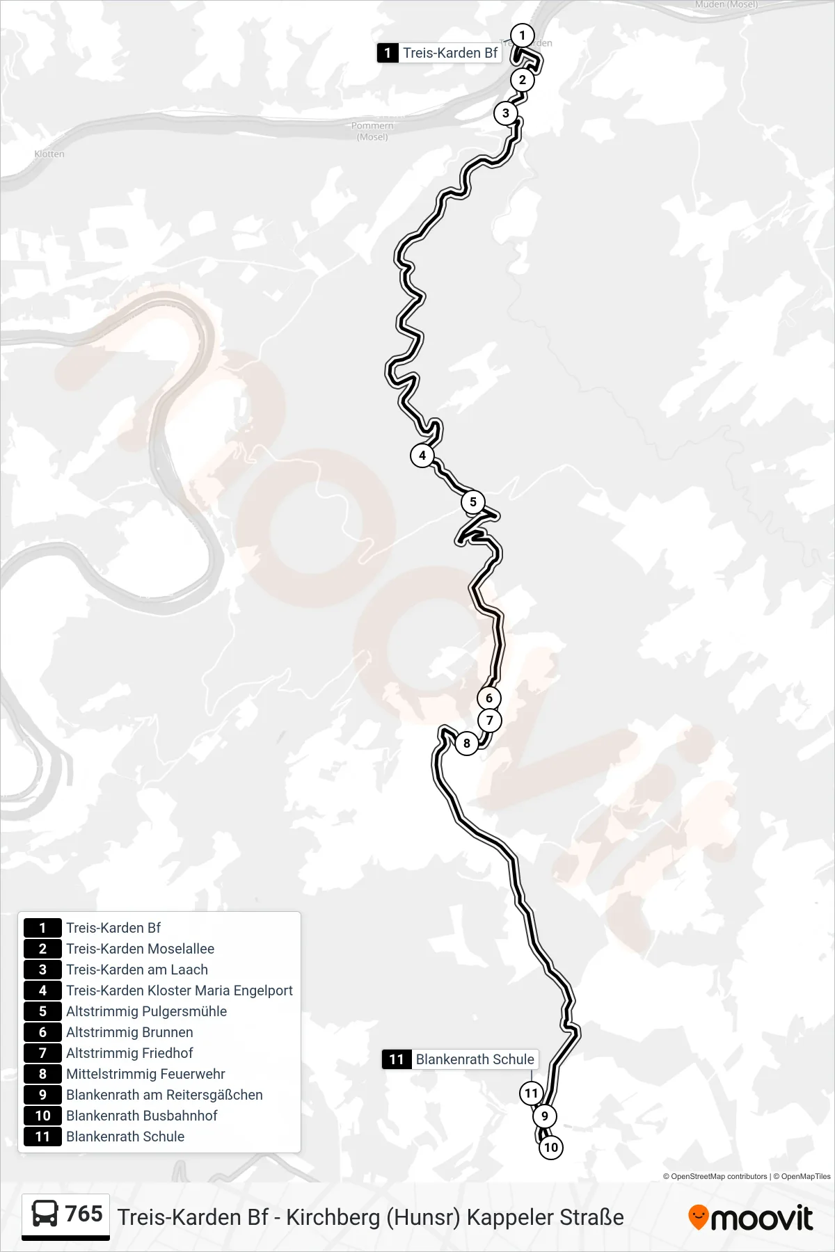 765 bus Line (Blankenrath Schule) route and stops on a map
