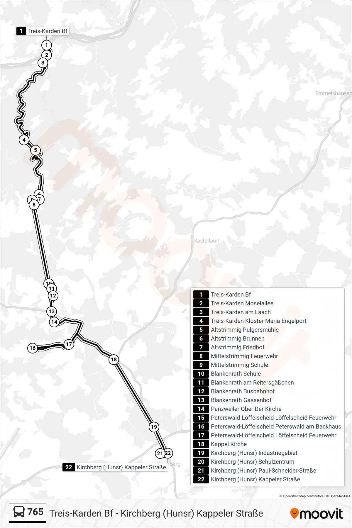 Linie 765 (Bus) Richtung Kirchberg (Hunsr) Kappeler Straße: Route und Haltestellen auf der Karte