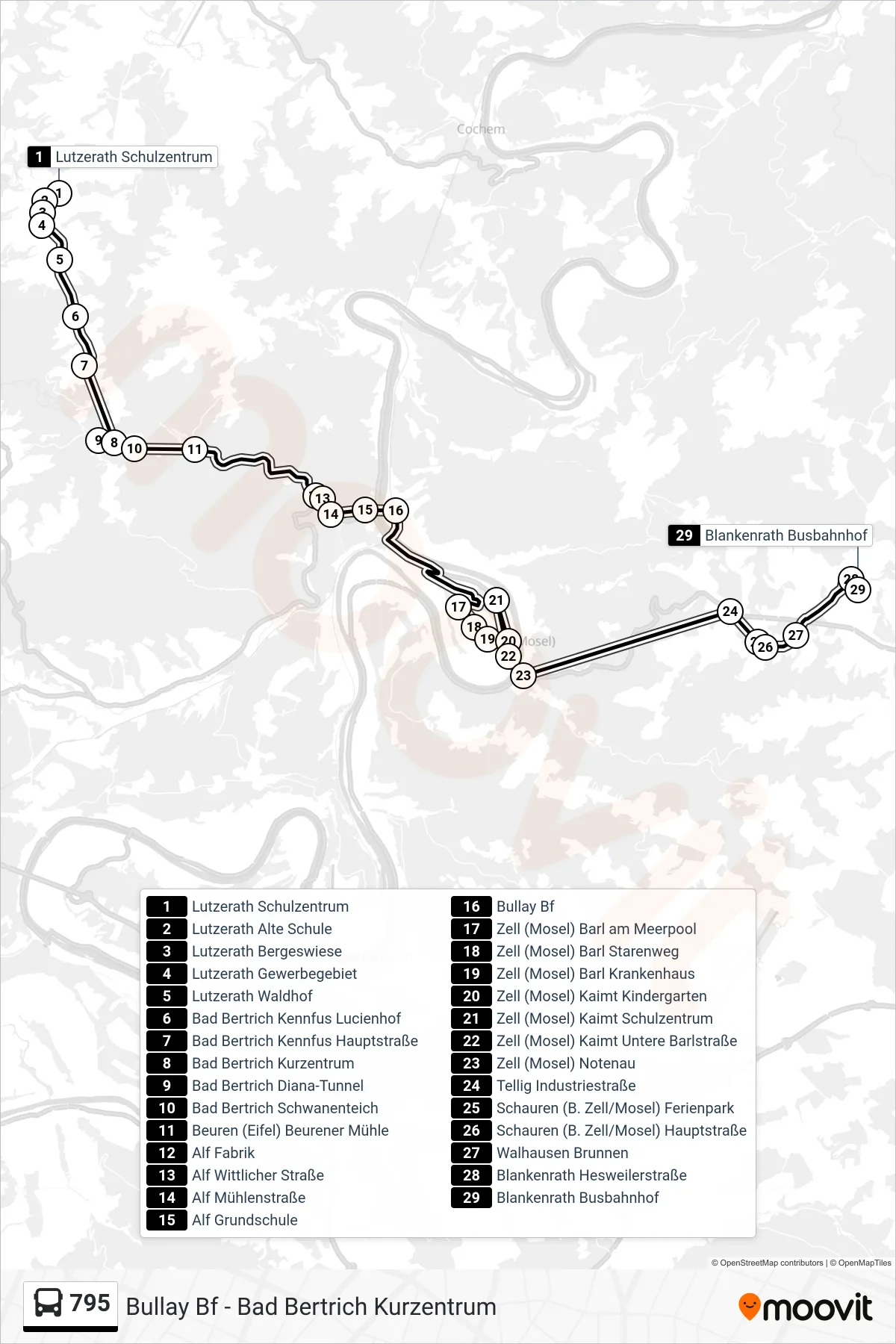 795 bus Line (Blankenrath Busbahnhof) route and stops on a map