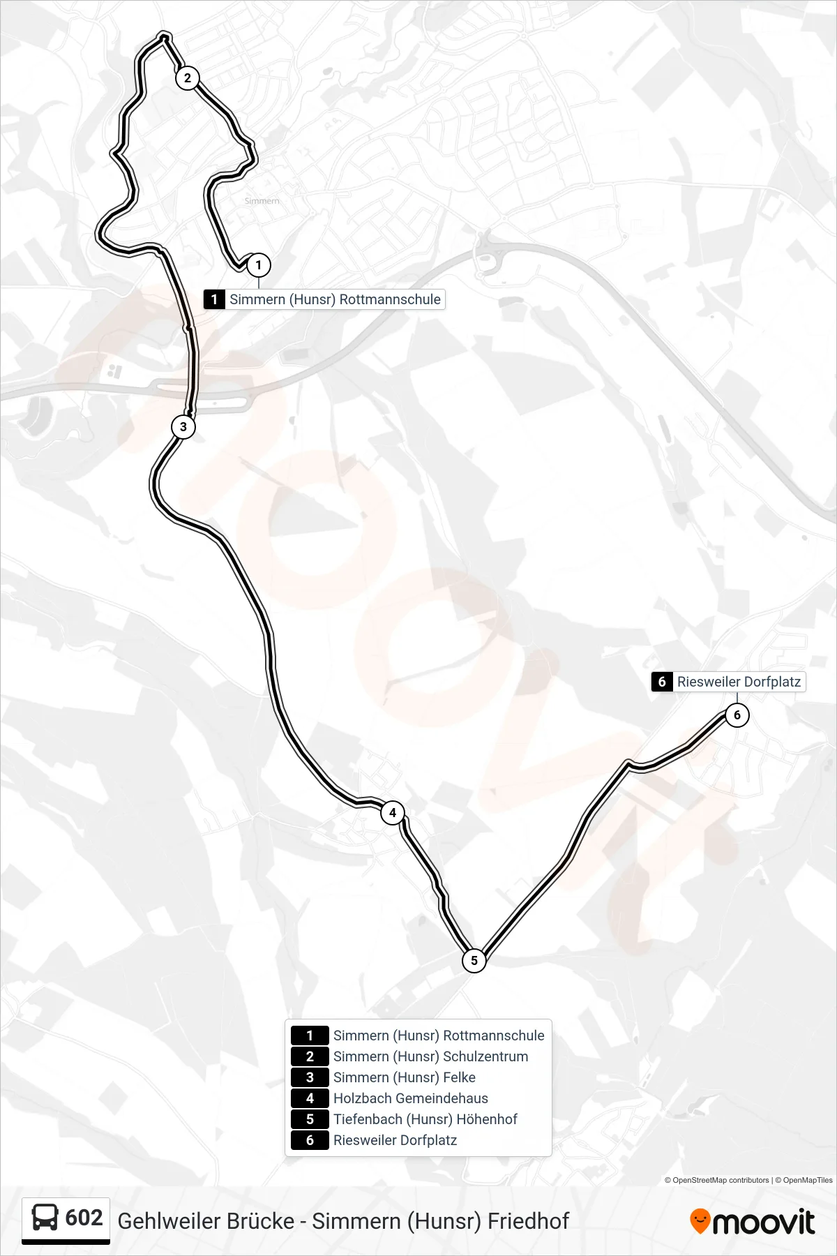 602 bus Line (Riesweiler Dorfplatz) route and stops on a map