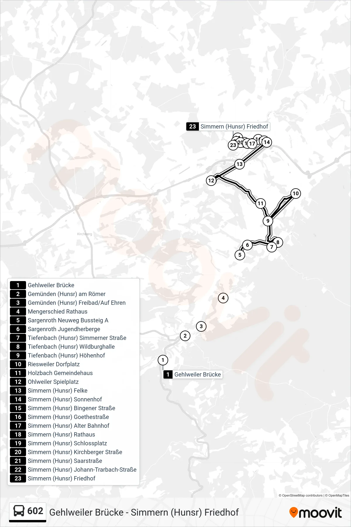 602 bus Line (Simmern (Hunsr) Friedhof) route and stops on a map