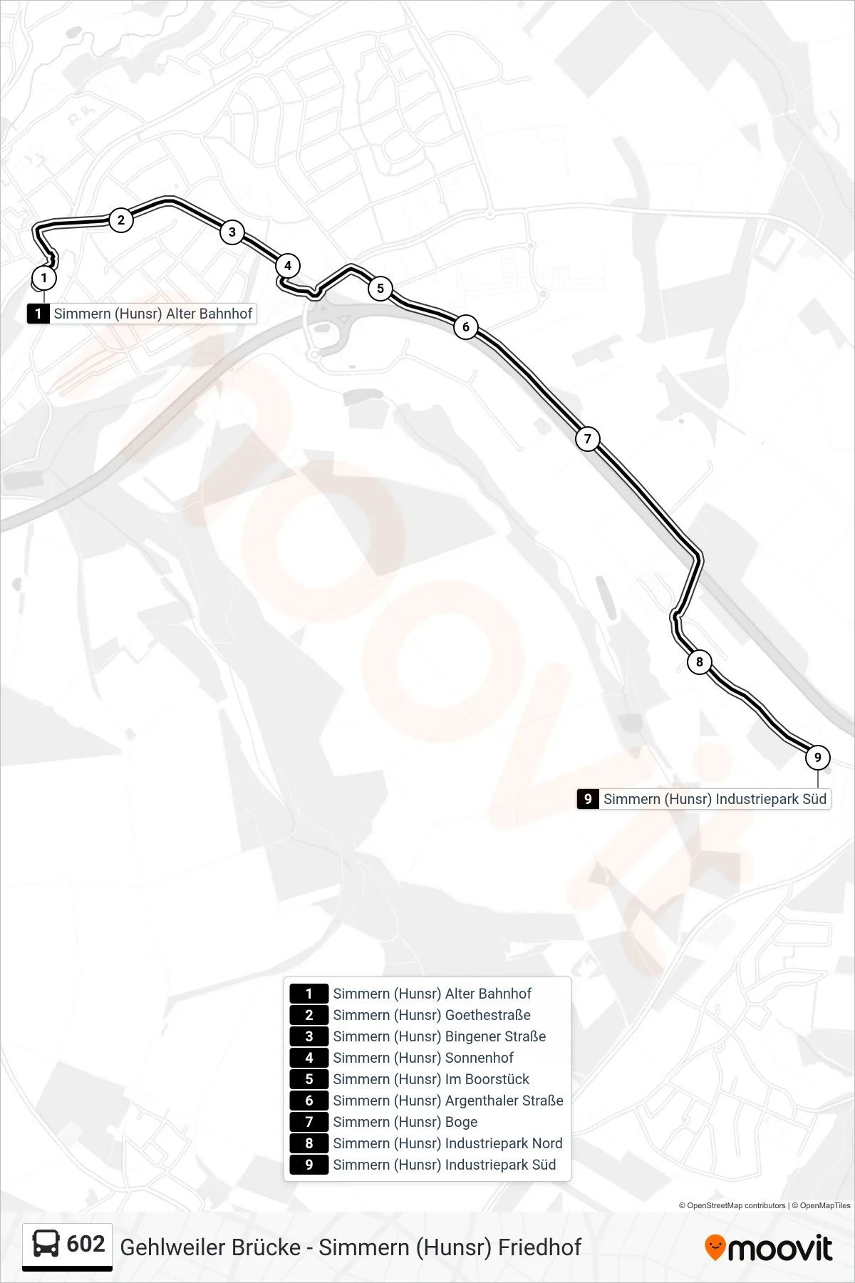 602 bus Line (Simmern (Hunsr) Industriepark Süd) route and stops on a map