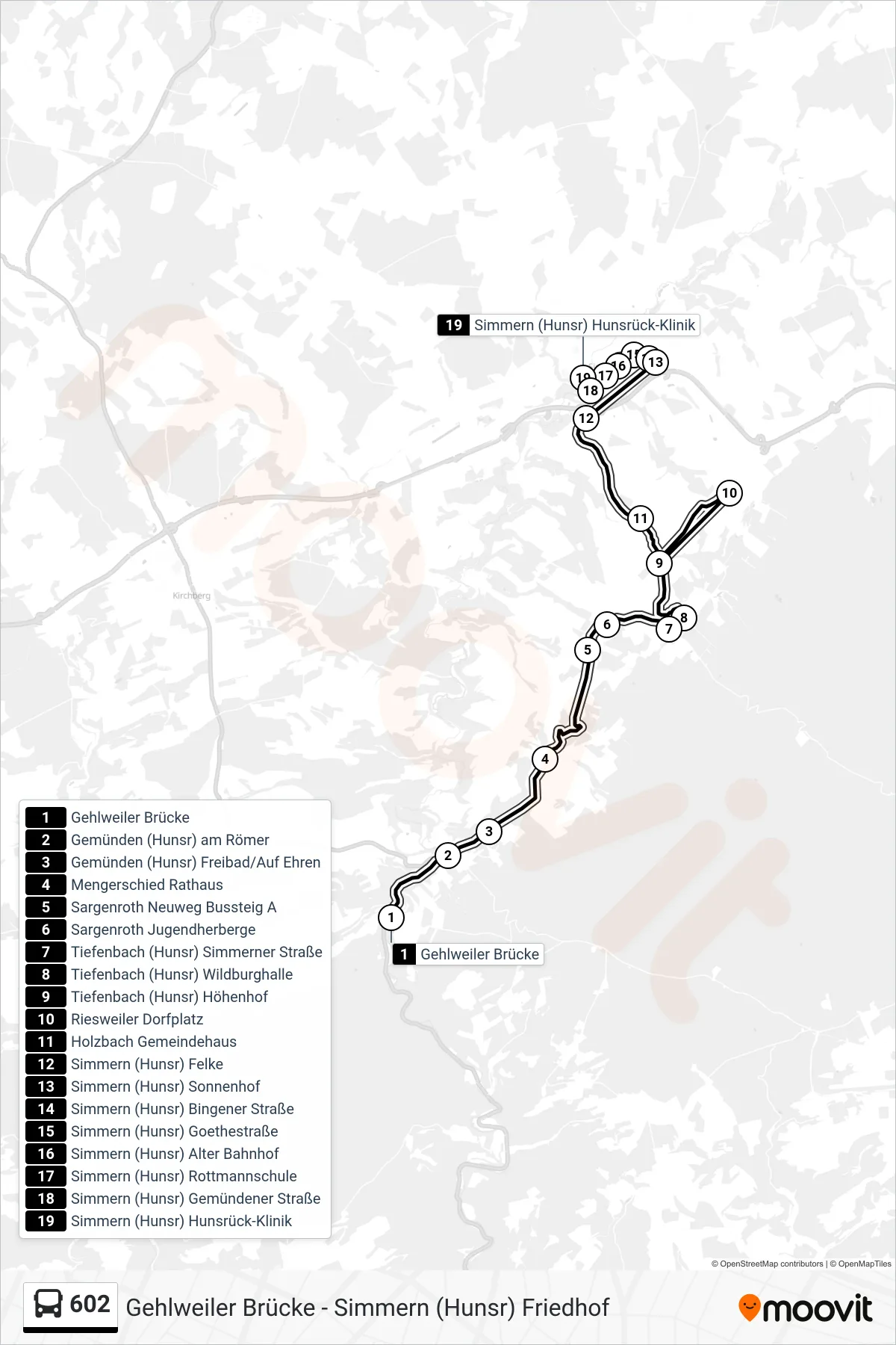 602 bus Line (Simmern (Hunsr) Hunsrück-Klinik) route and stops on a map