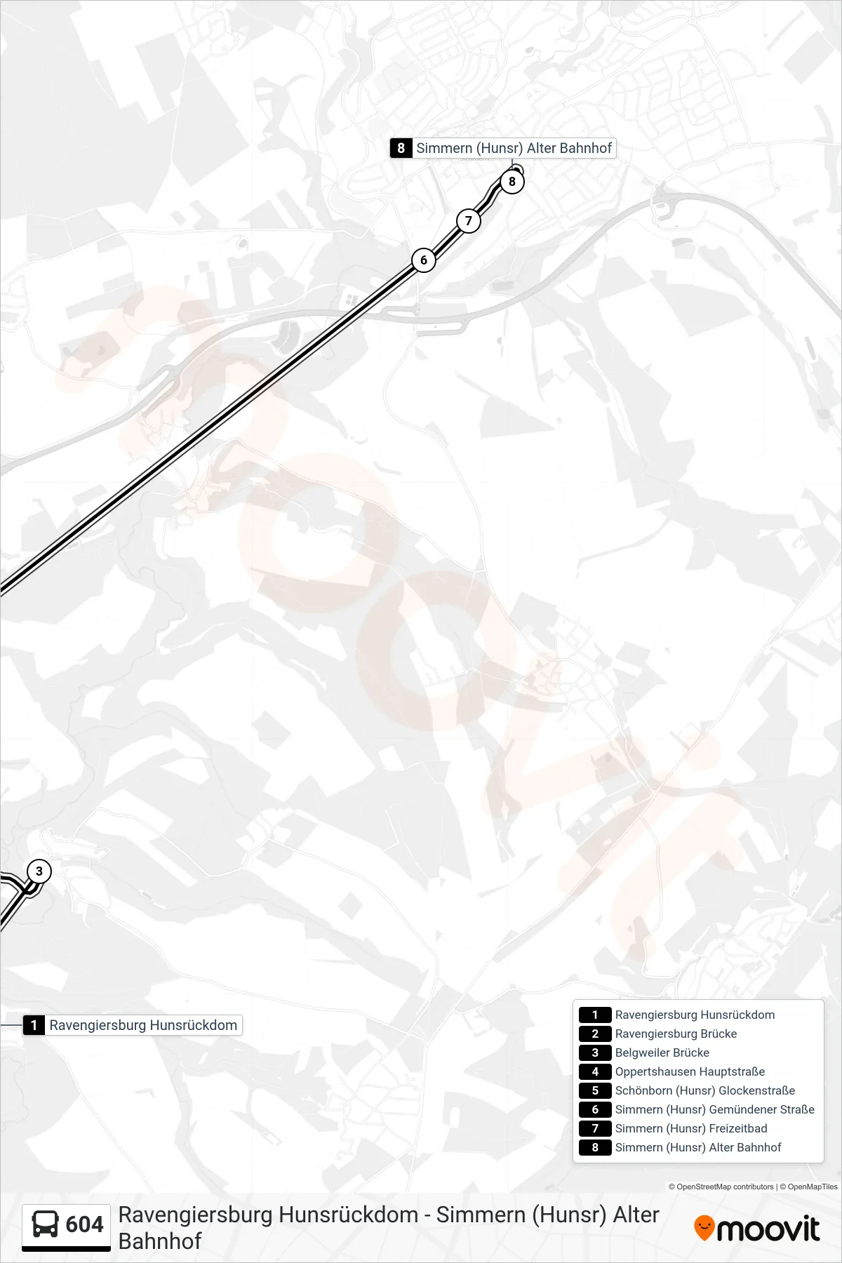 604 bus Line (Simmern (Hunsr) Alter Bahnhof) route and stops on a map