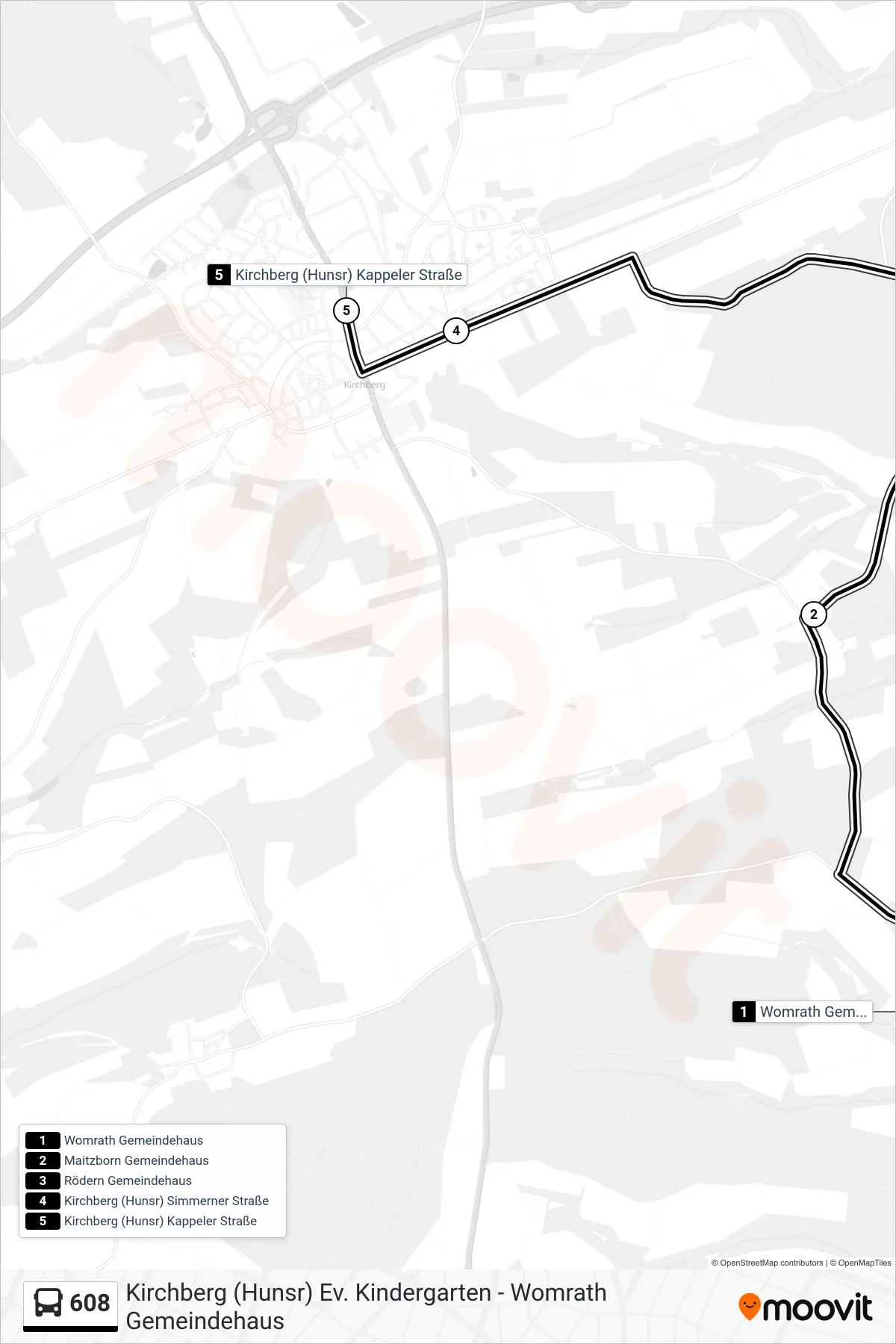 Linie 608 (Bus) Richtung Kirchberg (Hunsr) Kappeler Straße: Route und Haltestellen auf der Karte