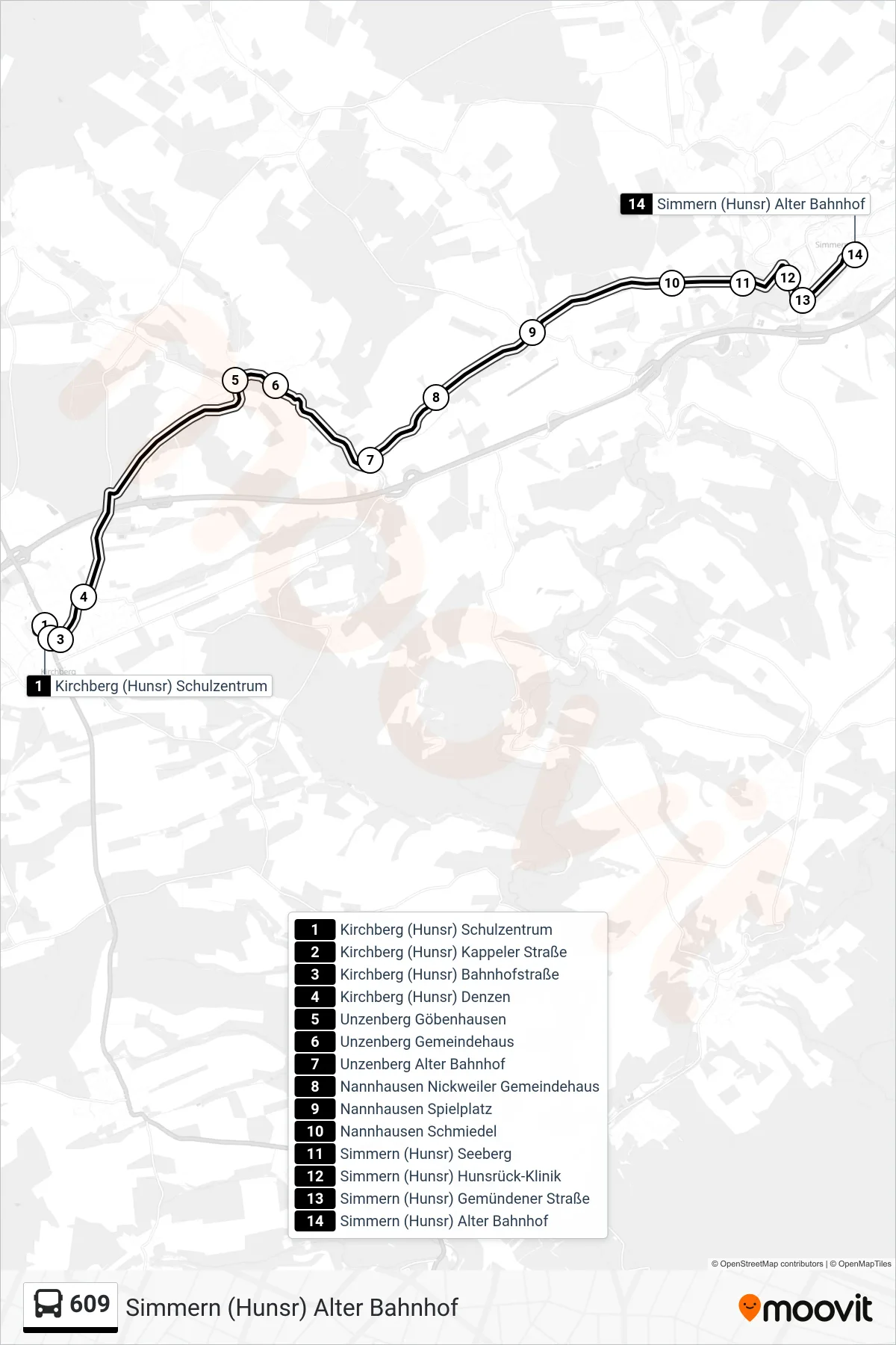 609 bus Line (Simmern (Hunsr) Alter Bahnhof) route and stops on a map