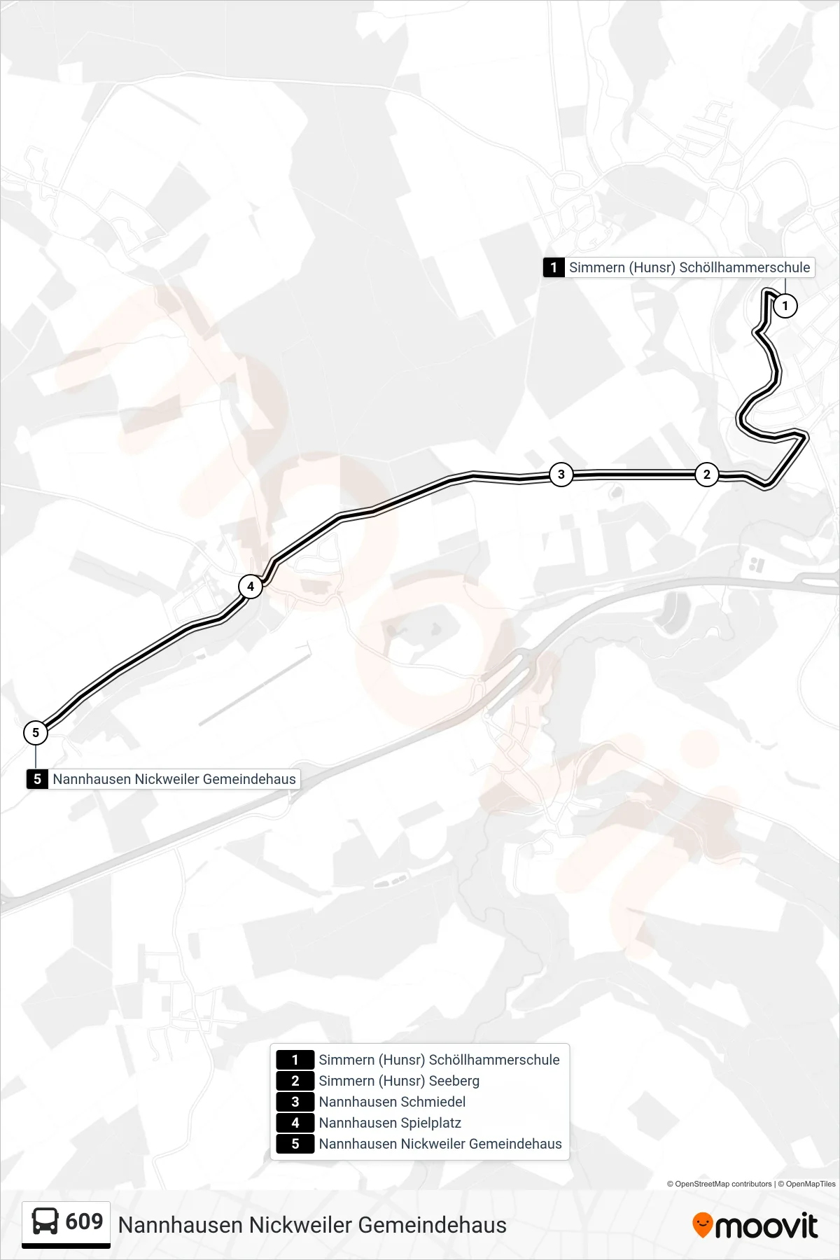 609 bus Line (Nannhausen Nickweiler Gemeindehaus) route and stops on a map