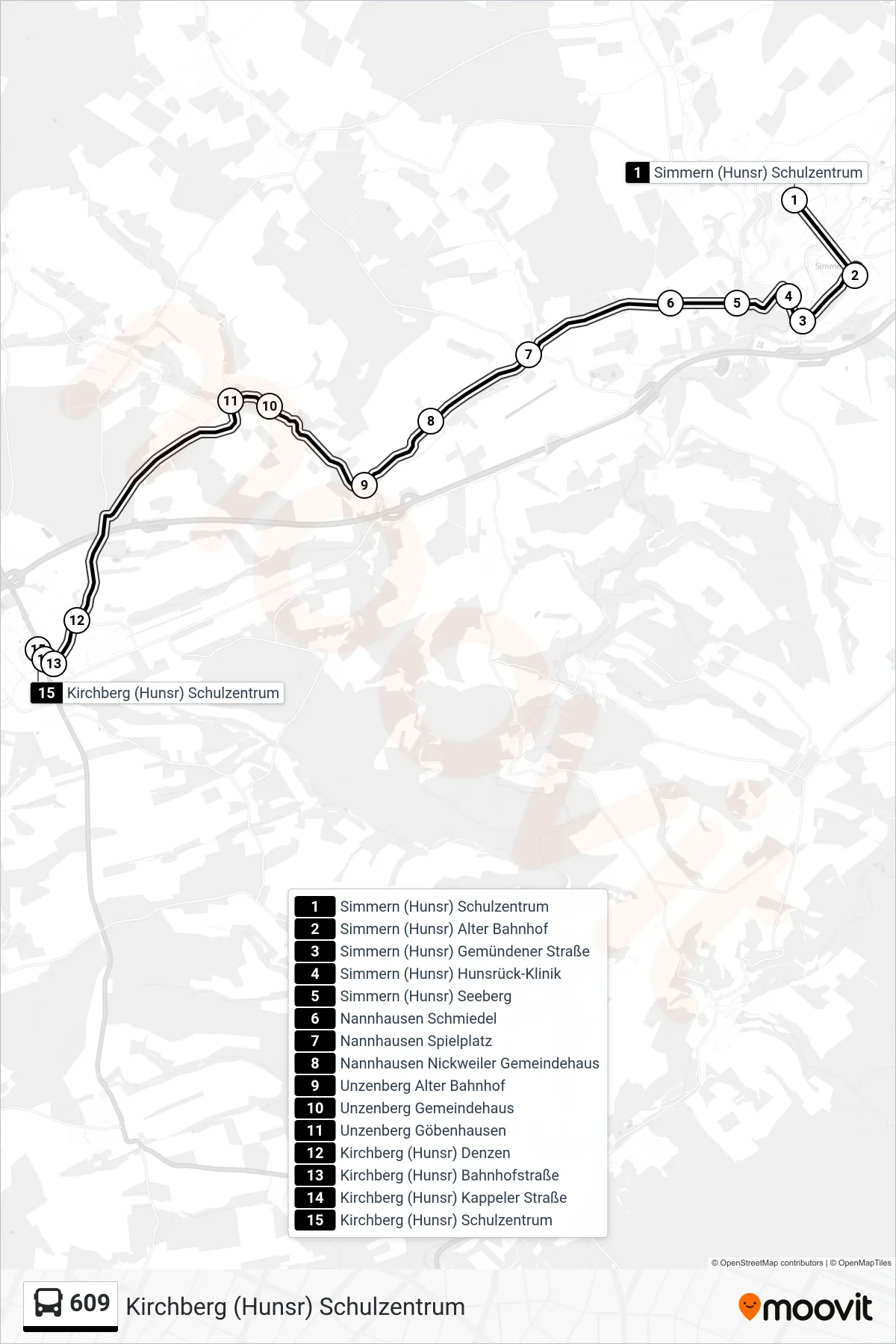 609 bus Line (Kirchberg (Hunsr) Schulzentrum) route and stops on a map