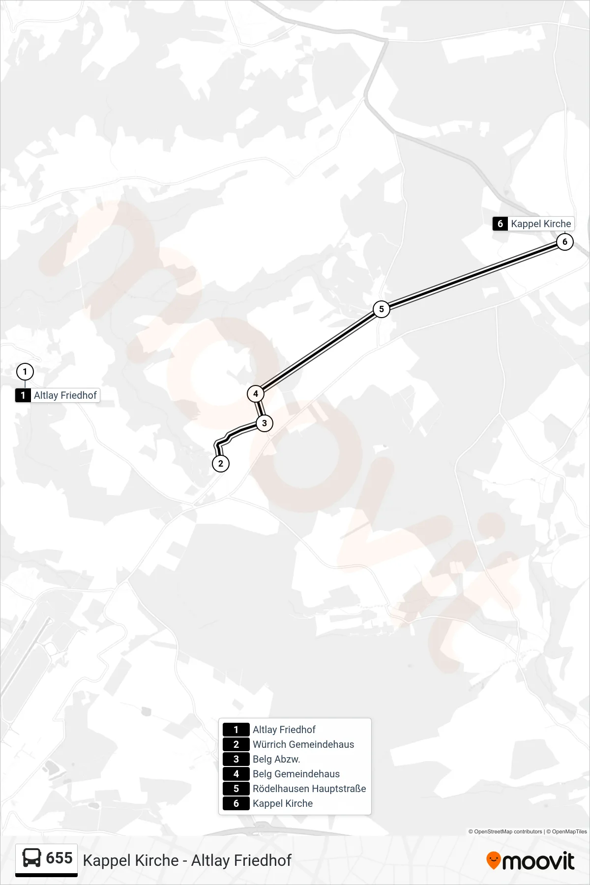 655 bus Line (Kappel Kirche) route and stops on a map