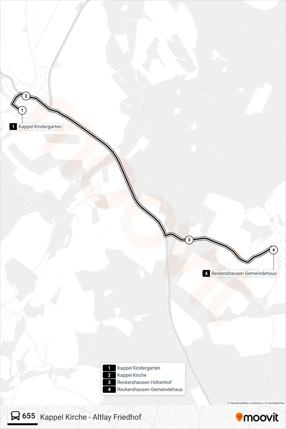 655 bus Line (Reckershausen Gemeindehaus) route and stops on a map